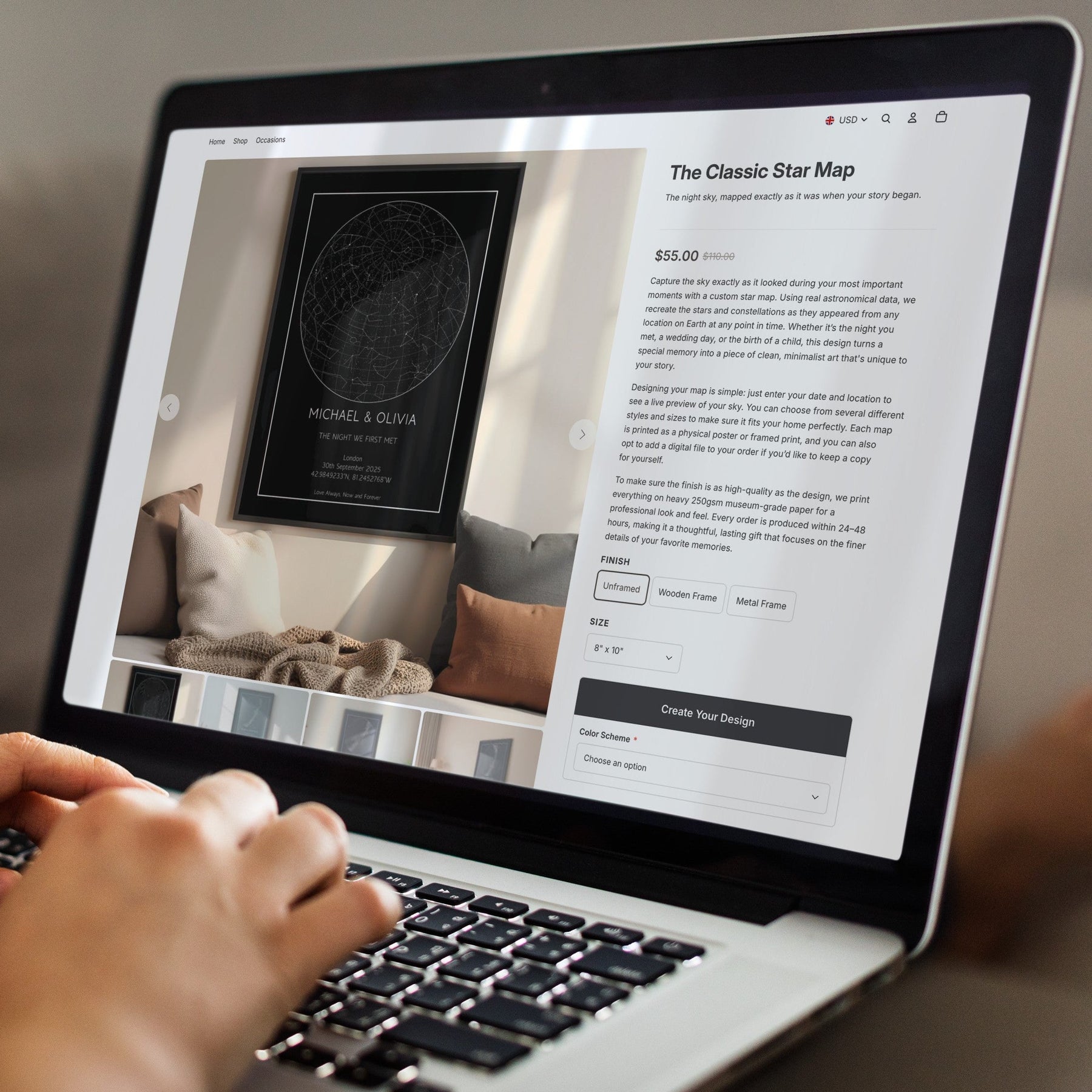 Person using a laptop with a product page on the screen