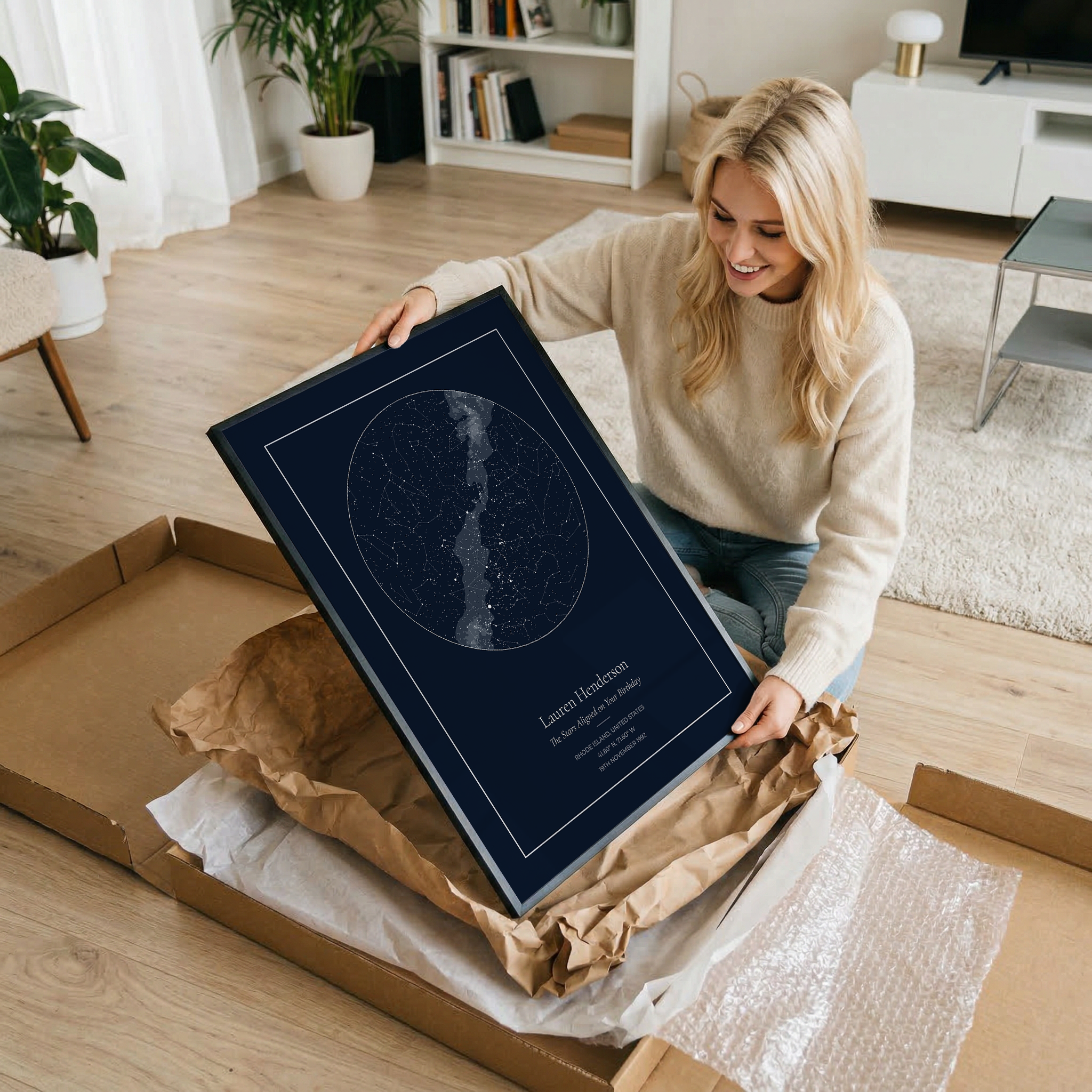 Woman unboxing a framed star map in a home setting