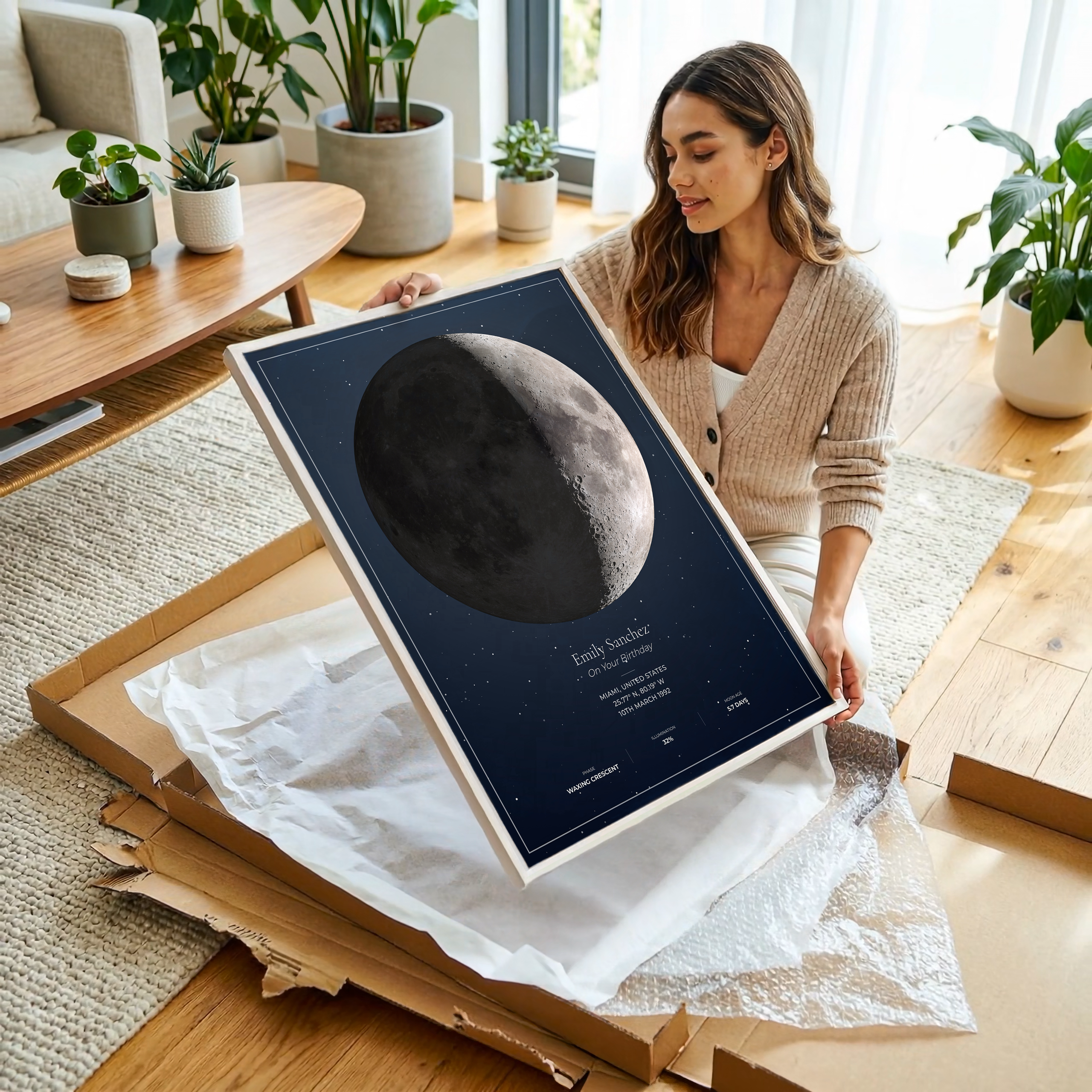 A woman in a beige cardigan holds a framed moon phase art print over an open cardboard shipping box in a bright, modern living room with wooden floors and potted plants.
