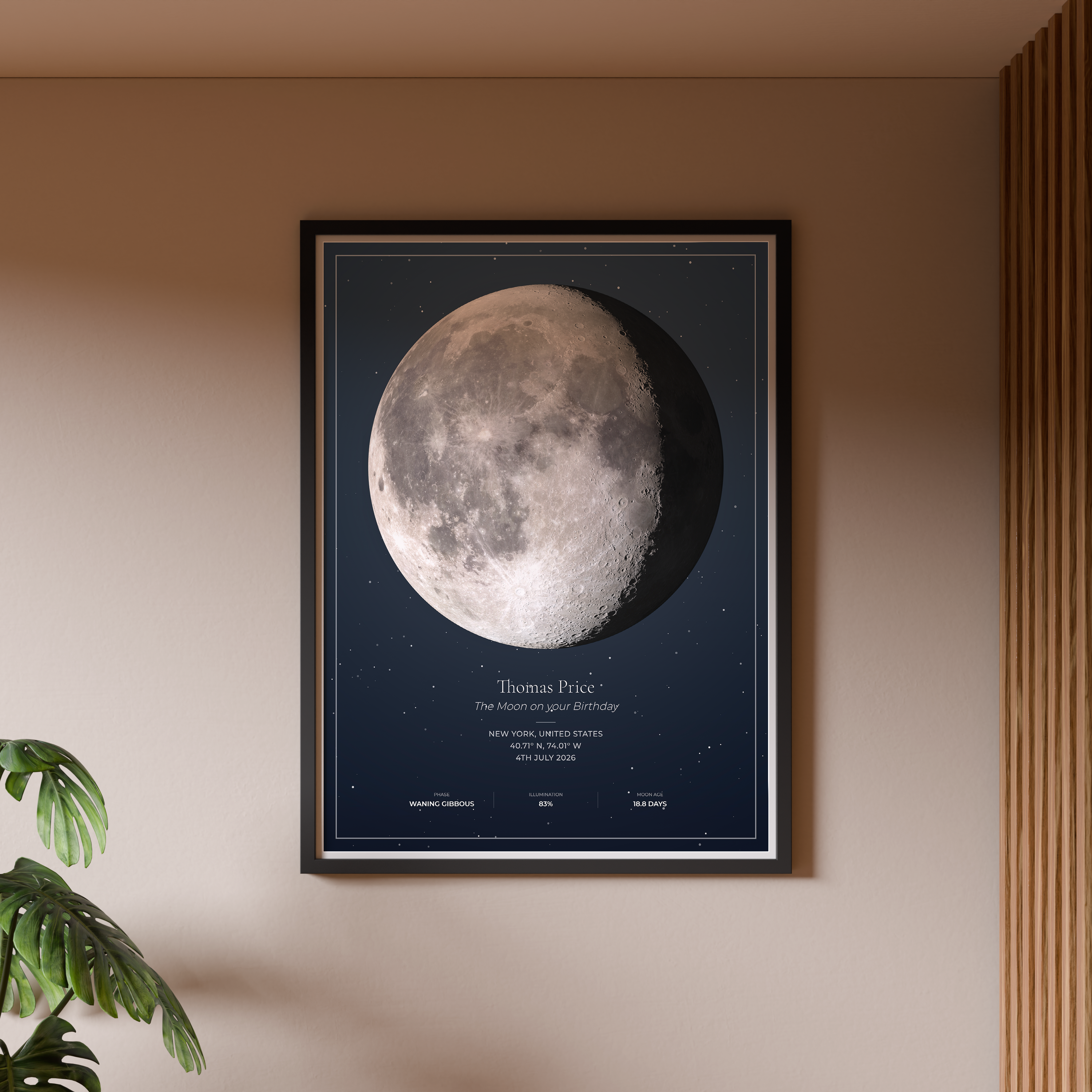 A framed moon poster featuring a detailed view of the Moon with the text 'Thomas Price' and 'The Moon and the Stars' hanging on a beige wall next to a wooden slatted panel and a green plant.