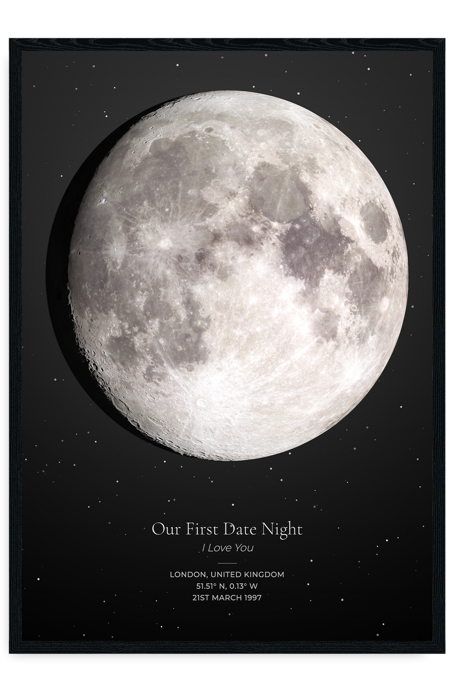 A framed black moon phase poster on a black starry background, with the text 'Our First Date Night' and location/date details below.