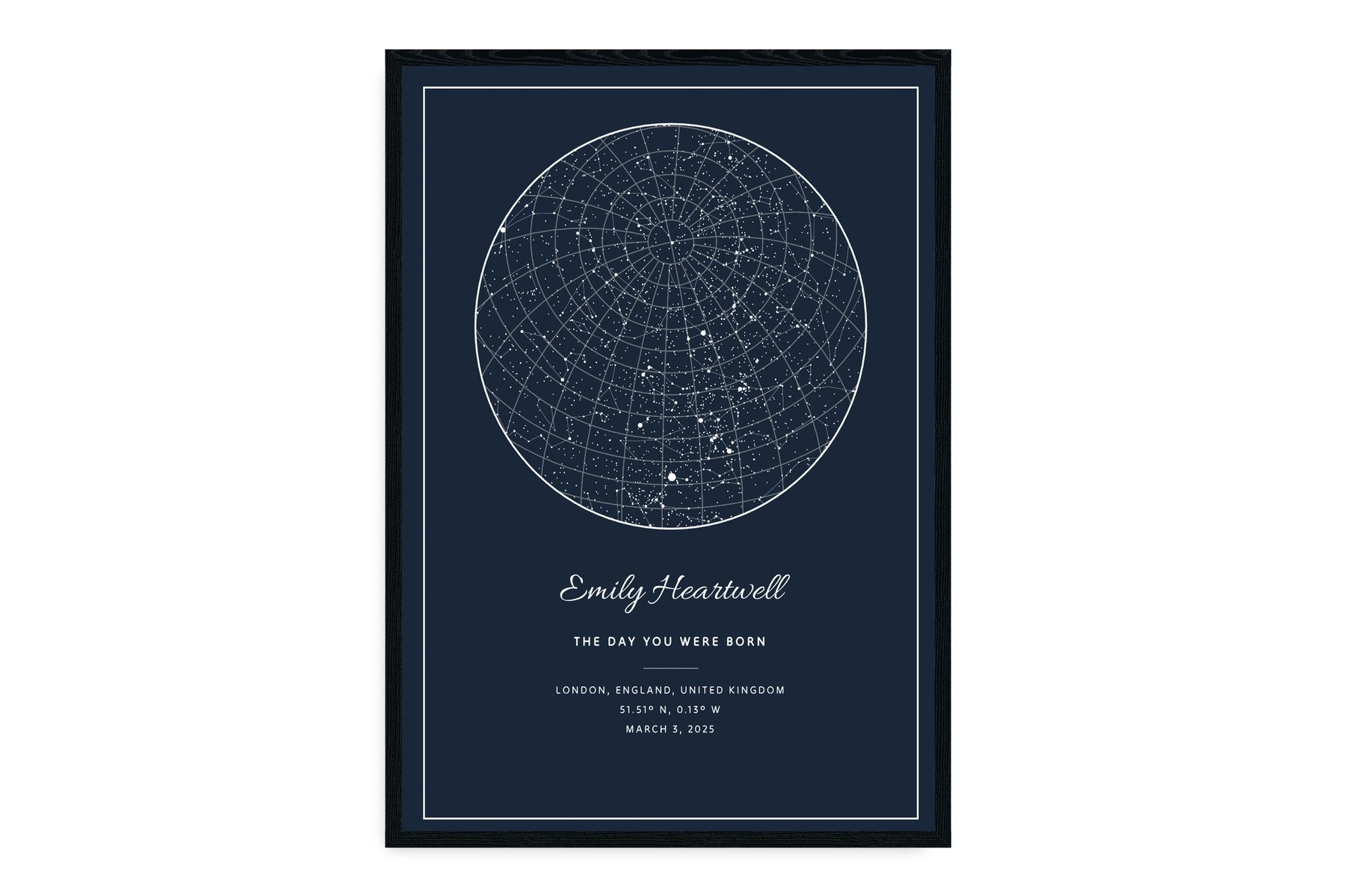 Navy blue poster with white star map and text on a black background