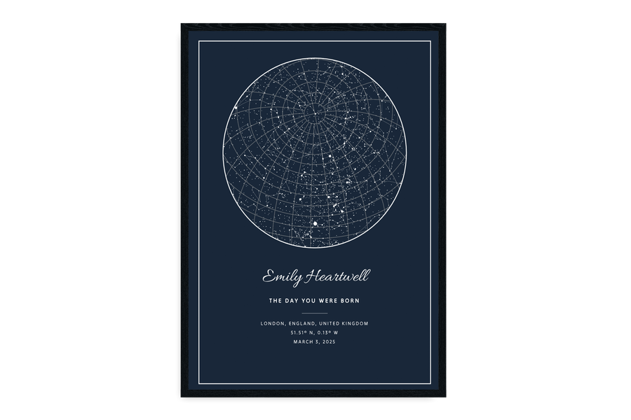 Navy blue poster with white star map and text on a black background