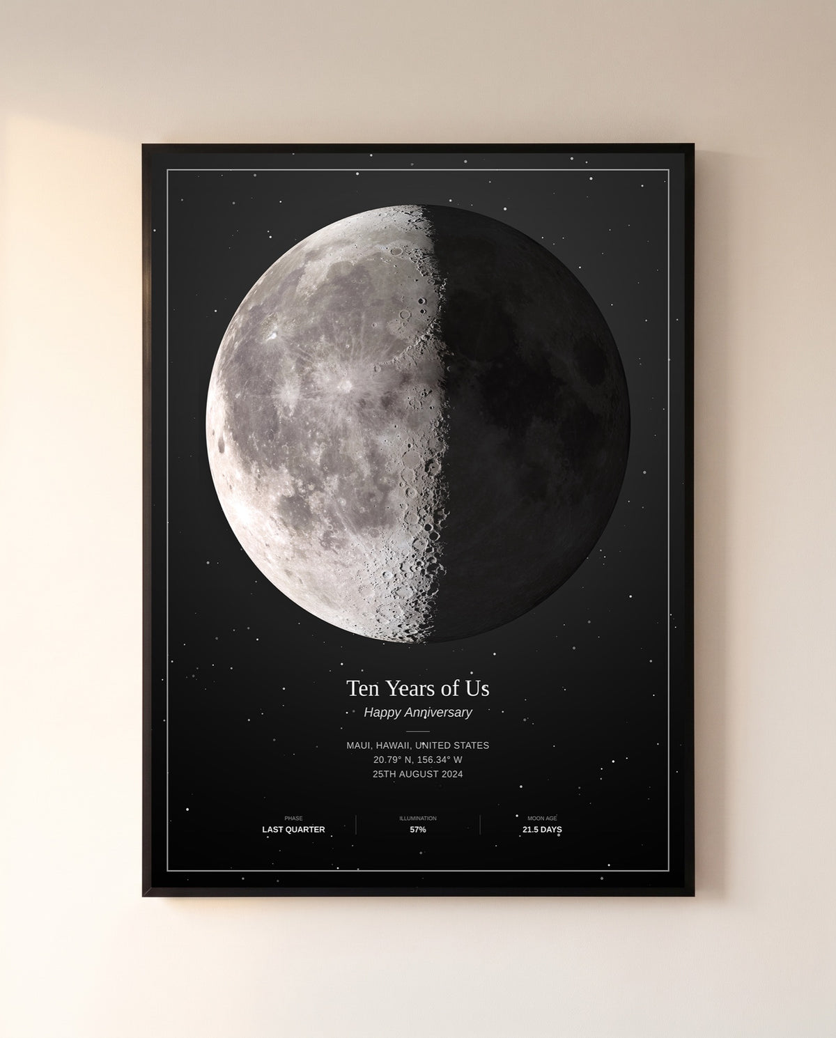 Personalized moon phase print from a tenth anniversary in Maui, in a black metal frame