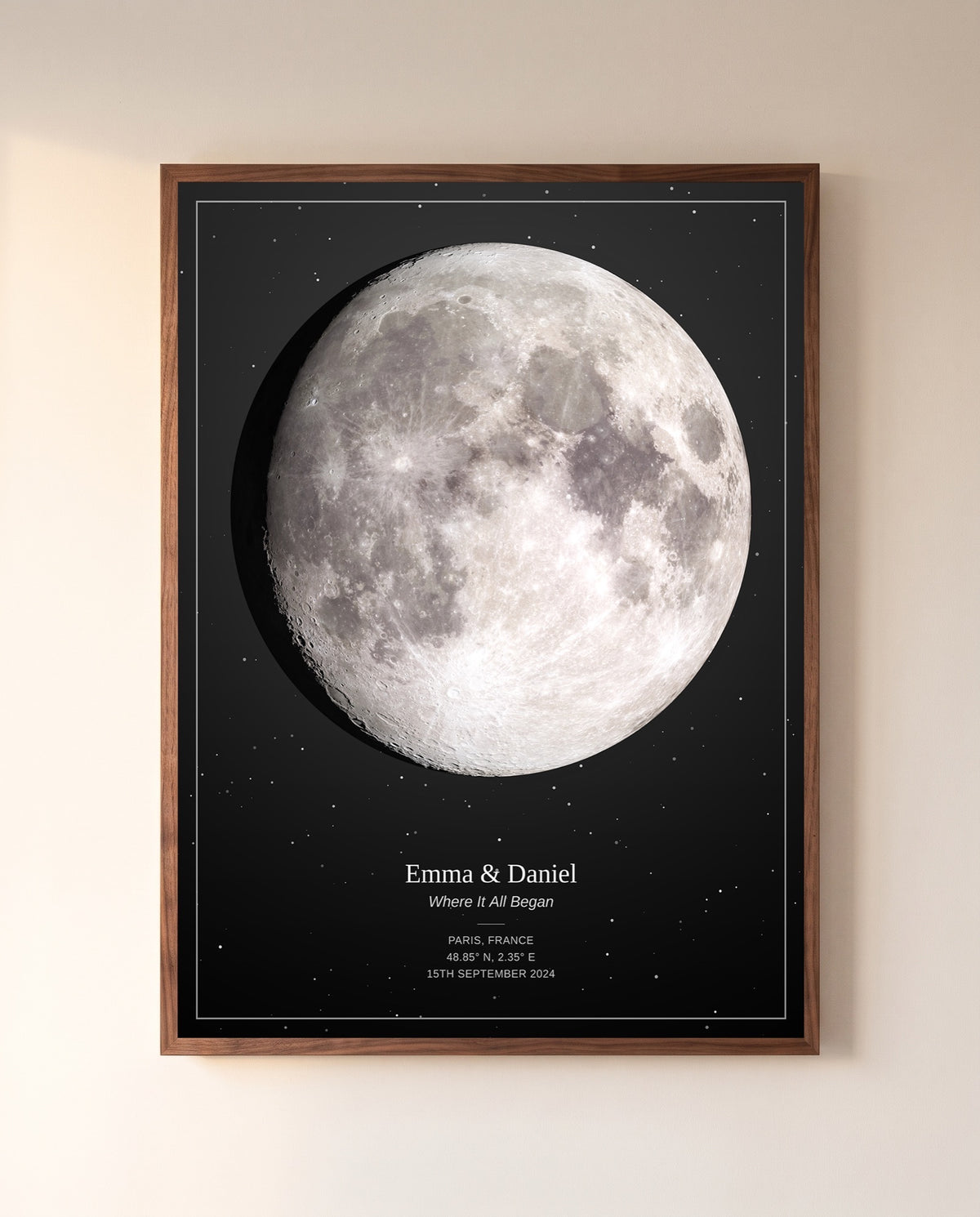 Personalized moon phase print from the night a couple met in Paris, in a dark brown walnut frame