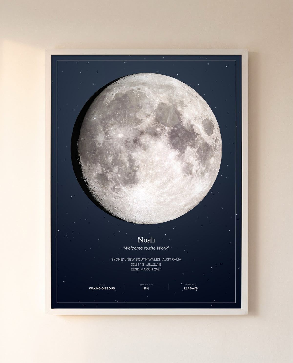 Personalized moon phase print from the night baby Noah was born in Sydney, in a white frame