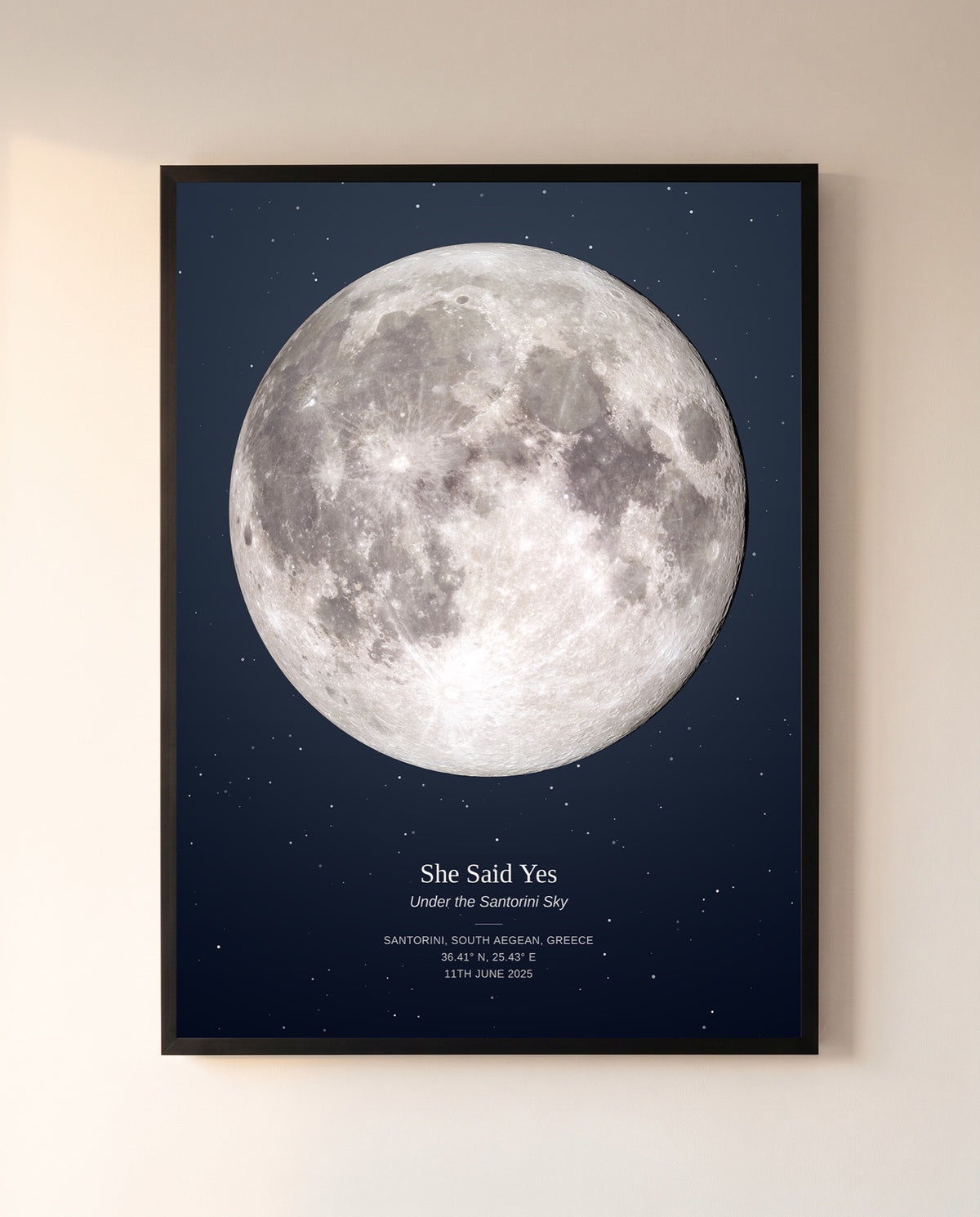 Personalized moon phase print of the full moon on a proposal night in Santorini, in a black frame