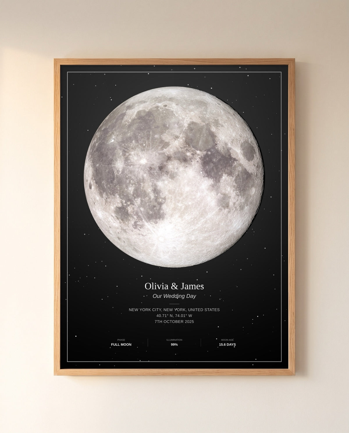 Personalized moon phase print of a full moon on a couple's wedding night in New York, in a natural oak frame