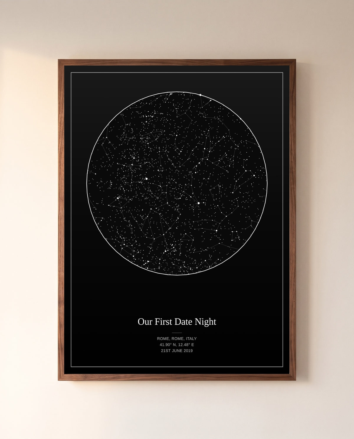 Personalized star map of the night sky over Rome on a couple's first date, in a dark brown walnut frame