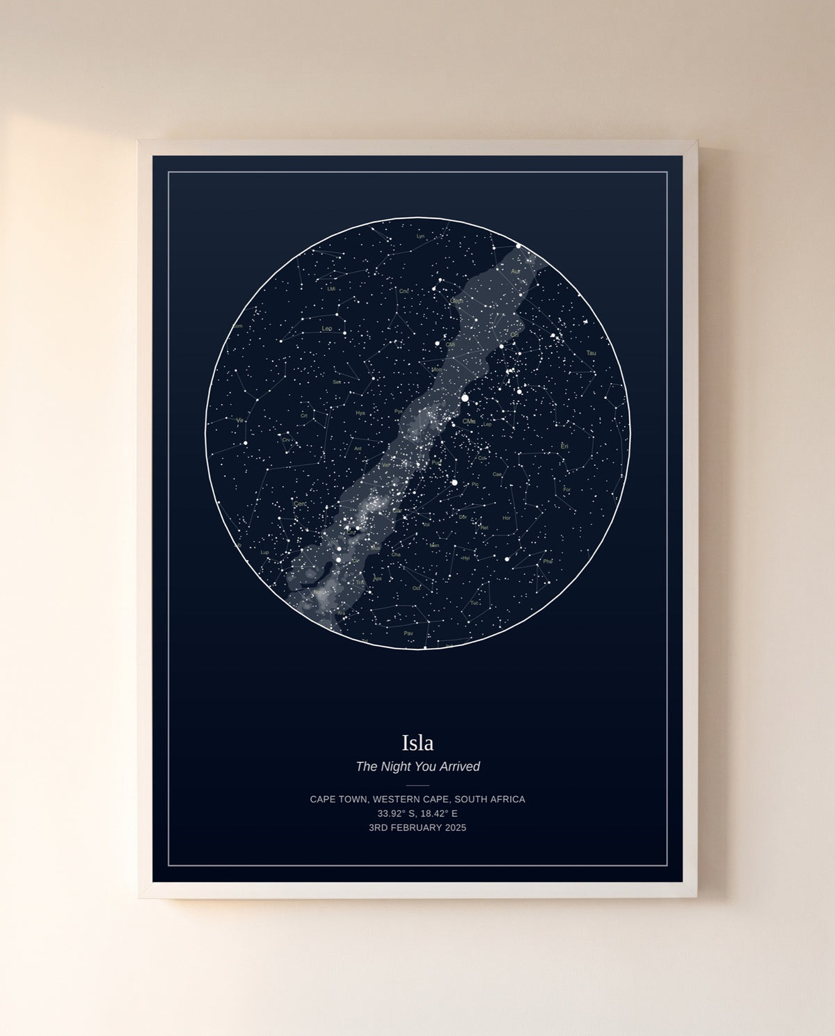 Personalized star map of the night sky over Cape Town on the night baby Isla was born, in a white frame