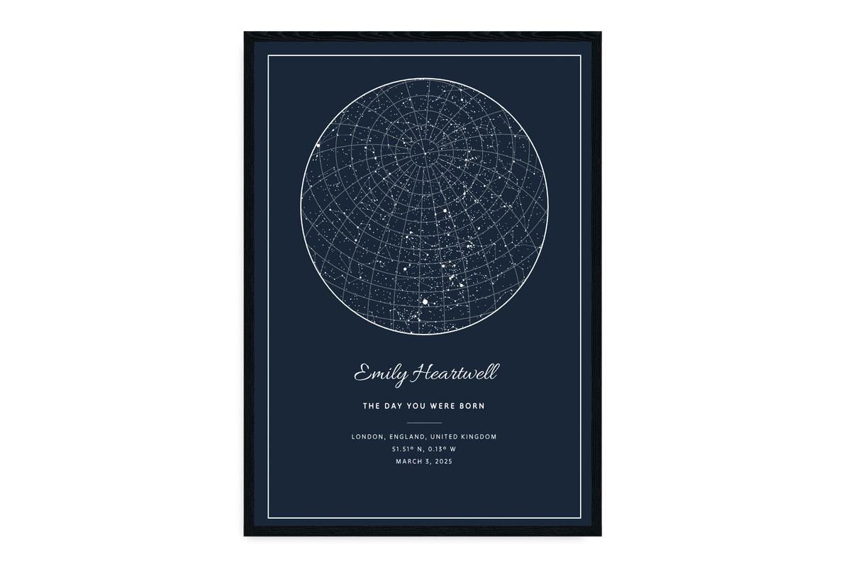 Personalized star map print with a navy night sky and custom text