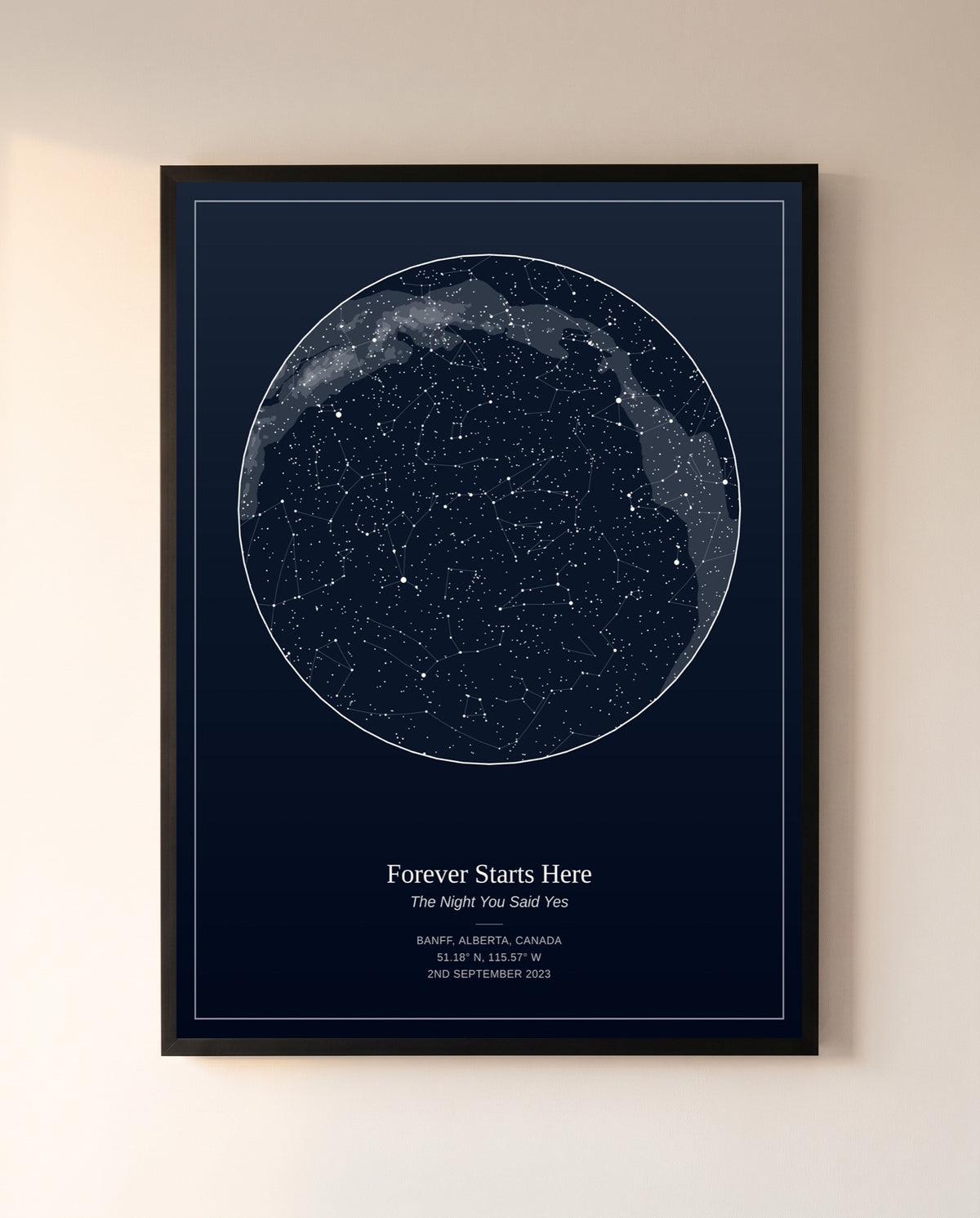 Personalized star map of the night sky over Banff on the night of a proposal, in a black frame
