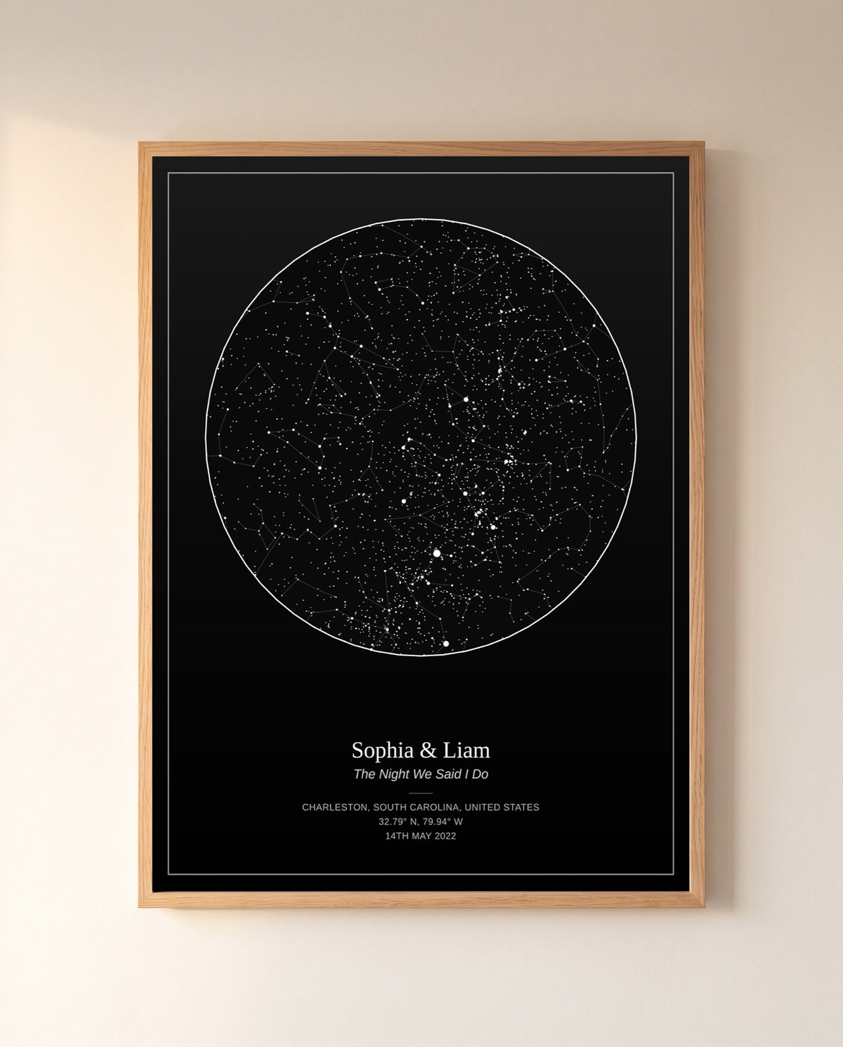Personalized star map of the night sky over Charleston on a couple's wedding night, in a natural oak frame