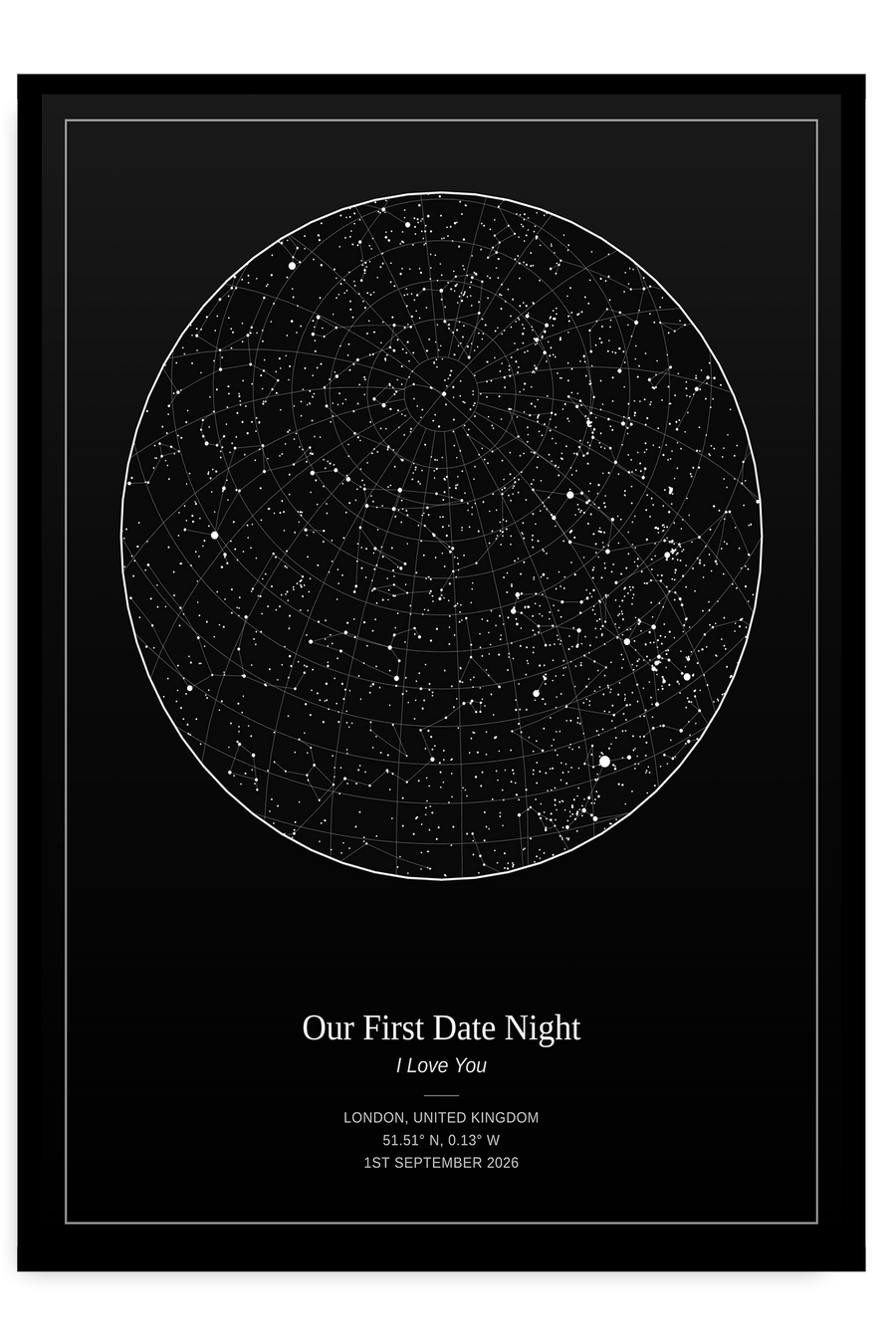 A framed black poster featuring a white circular star map with the text 'Our First Date Night' and personalized location/date details below, shown on a light gray background.